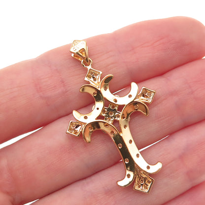 925 Sterling Silver Gold Plated Real Round-Cut Diamond Cross Charm Pendant