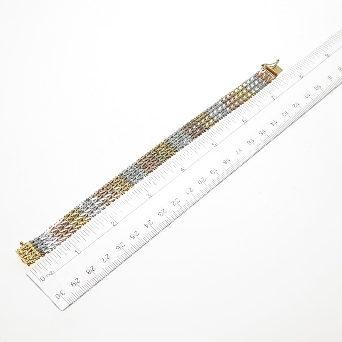 925 Sterling Silver 3-Tone Vintage Italy Chevron Mesh Link Bracelet 7.5"