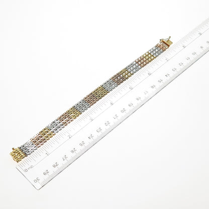 925 Sterling Silver 3-Tone Vintage Italy Chevron Mesh Link Bracelet 7.5"