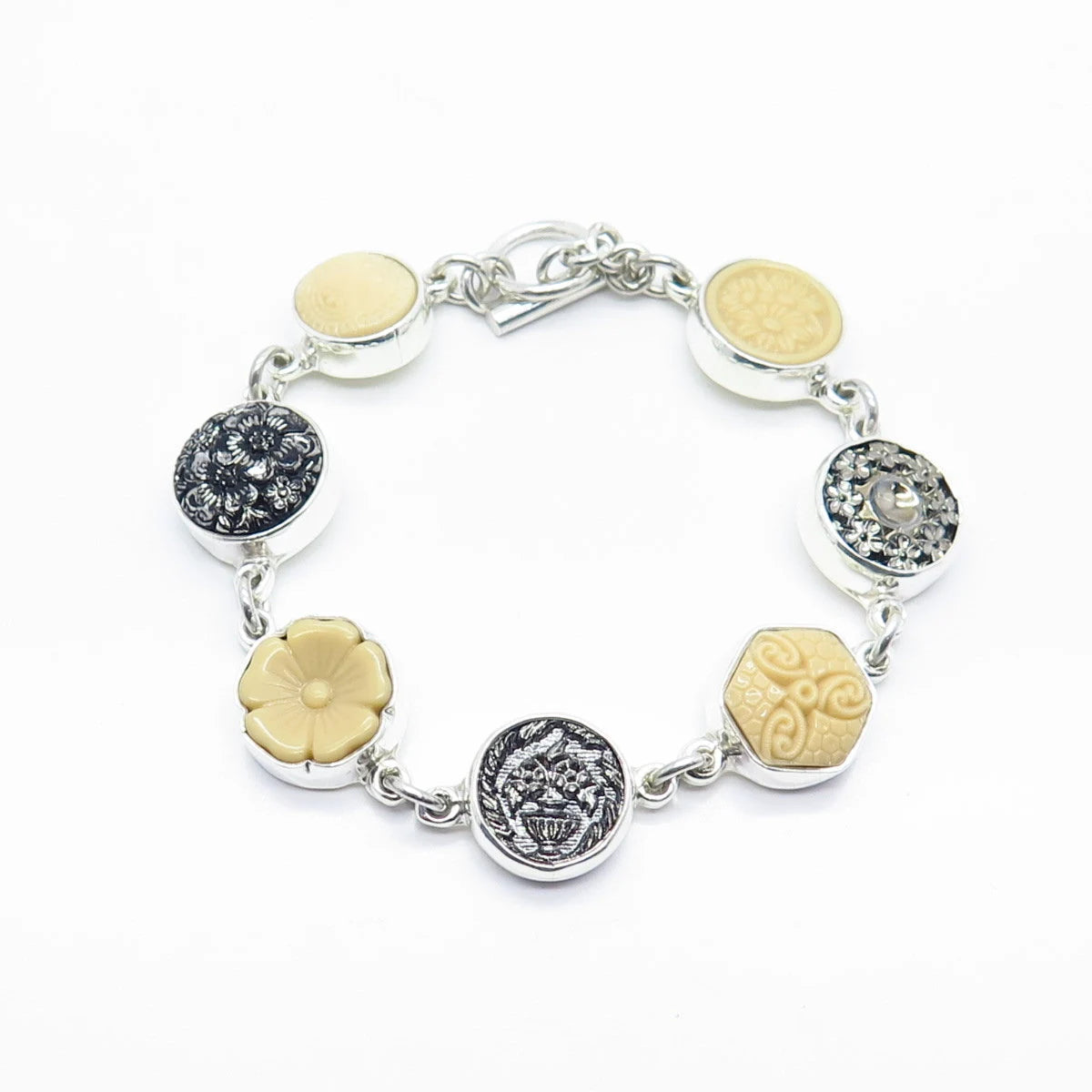 925 Sterling Silver Vintage Carved Ceramic & Glass Round Link Bracelet 6.75"