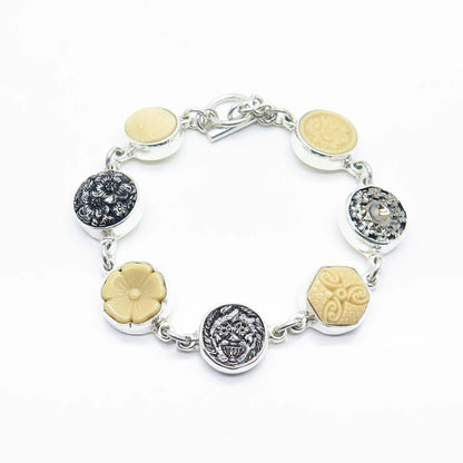 925 Sterling Silver Vintage Carved Ceramic & Glass Round Link Bracelet 6.75"