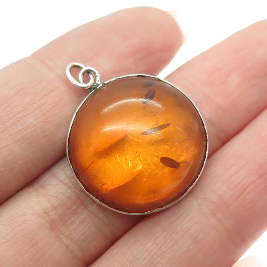 925 Sterling Silver Vintage Real Amber Modernist Pendant