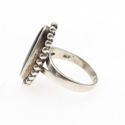 925 Sterling Silver Vintage Real Black Onyx Oxidized Beaded Ring Size 6.75