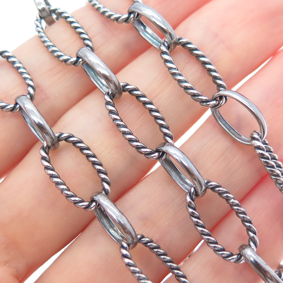 925 Sterling Silver Vintage Oxidized Multi-Oval Chain Necklace 18"