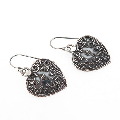 925 Sterling Silver Vintage Heart Granulated Oxidized Dangle Earrings
