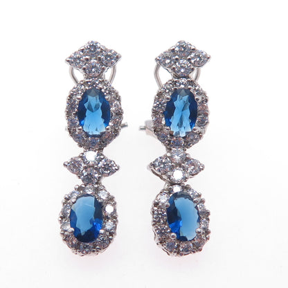925 Sterling Silver Blue & White C Z Dangle Omega Back Earrings