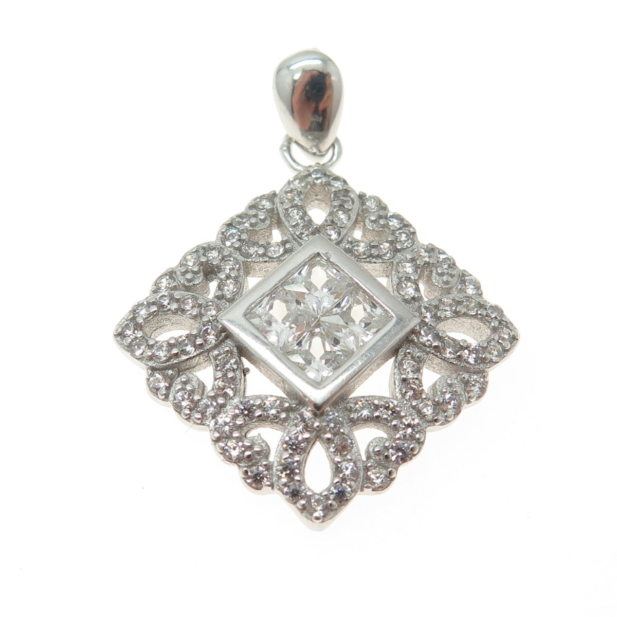 925 Sterling Silver Round & Princess-Cut C Z Ornate Pendant