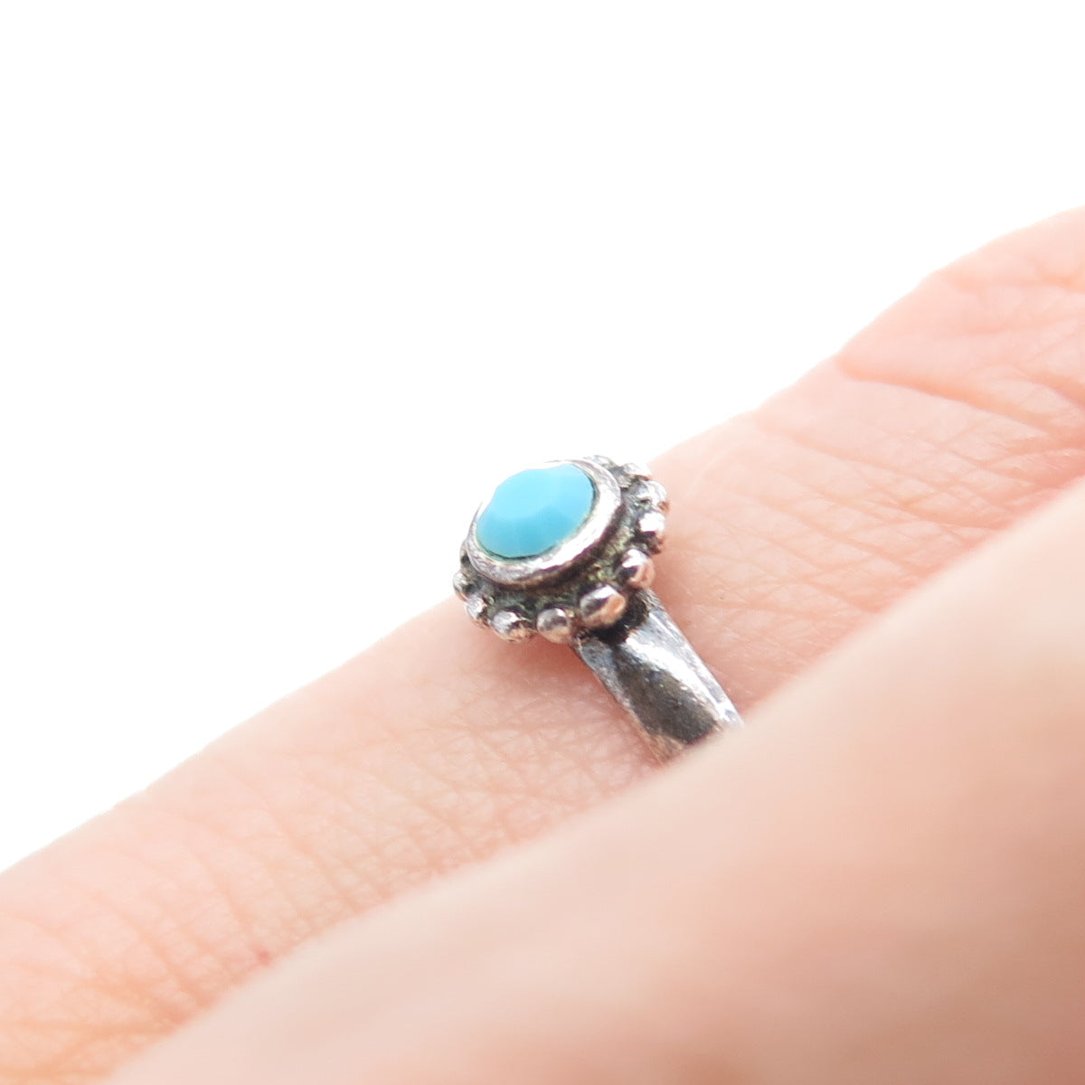 925 Sterling Silver Vintage Real Turquoise Oxidized Adjustable Ring Size 3.75