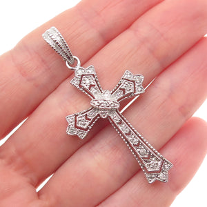 925 Sterling Silver Real Round-Cut Diamond Cross Pendant