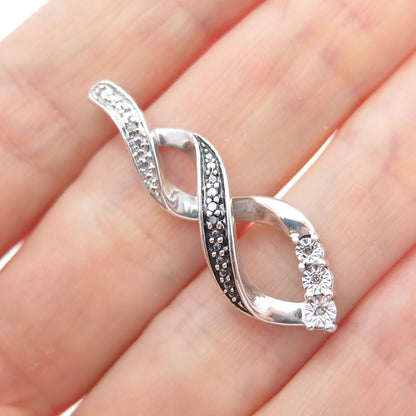 925 Sterling Silver Real Round-Cut Black & White Diamond Twisted Pendant