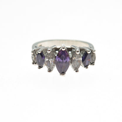 925 Sterling Silver Real Marquise-Cut Amethyst & C Z Ring Size 6