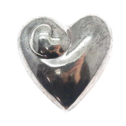 925 Sterling Silver Vintage Mexico Modernist Heart Oxidized Pin Brooch
