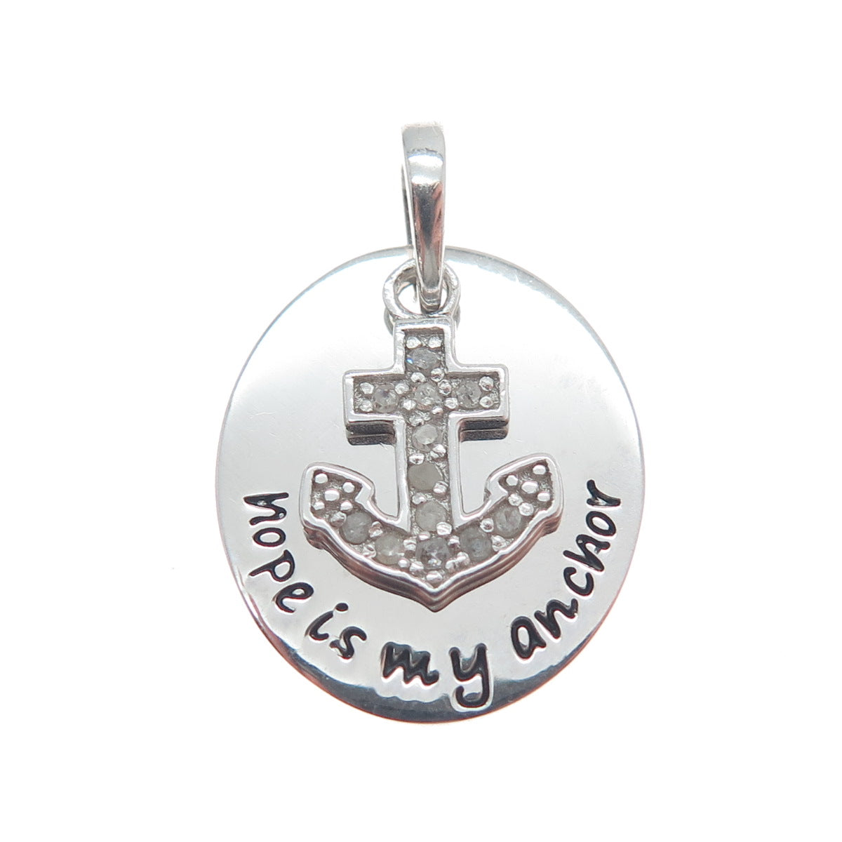 HAN 925 Sterling Silver Real Round-Cut Diamond Hope Is My Anchor Charm Pendant