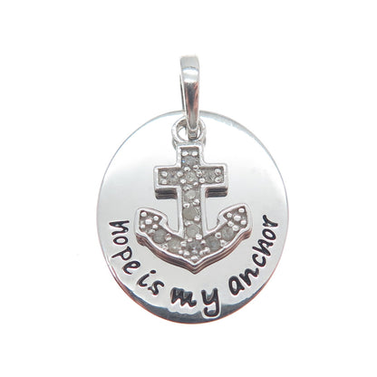 HAN 925 Sterling Silver Real Round-Cut Diamond Hope Is My Anchor Charm Pendant