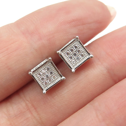 925 Sterling Silver Pave C Z Square Stud Earrings