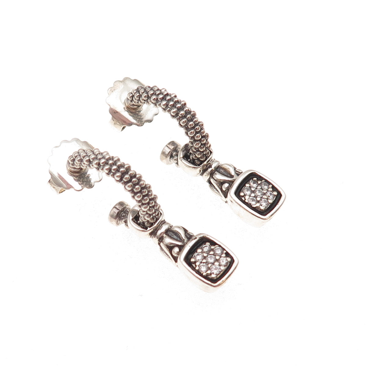 Lagos 925 Sterling Silver 14K Gold Posts Real Diamond Caviar Hoop Charm Earrings