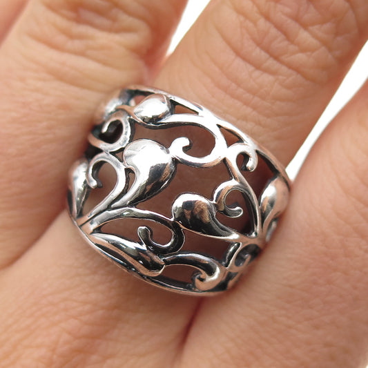 925 Sterling Silver Vintage Modernist Swirl Floral Oxidized Ring Size 9