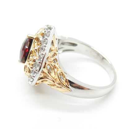 925 Sterling Silver 2-Tone Real Red Garnet & White Topaz Gemstone Ring Size 10