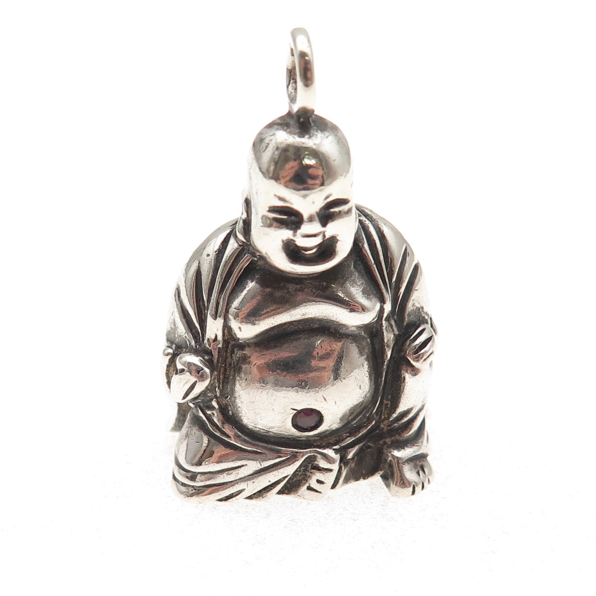 925 Sterling Silver Vintage Real Ruby Laughing Buddha Oxidized 3D Pendant