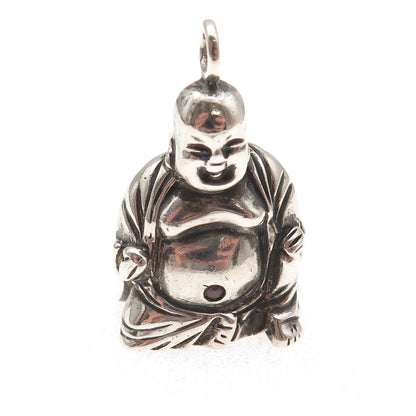 925 Sterling Silver Vintage Real Ruby Laughing Buddha Oxidized 3D Pendant