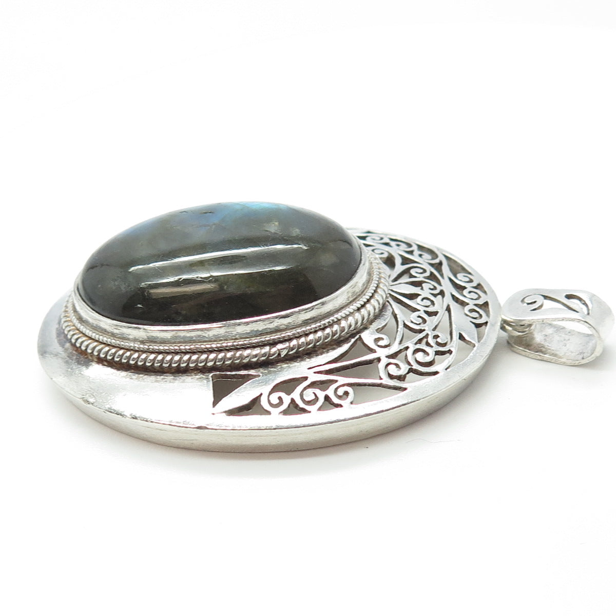 925 Sterling Silver Vintage Real Labradorite Gemstone Ornate Pendant