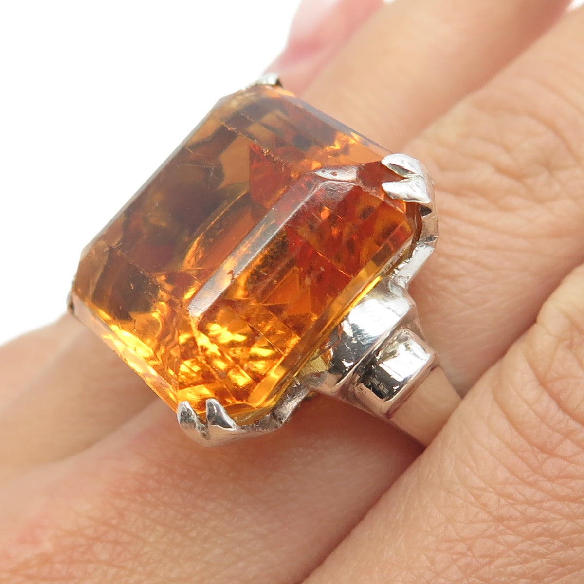 925 Sterling Silver Antique Art Deco Fire Glass Ring Size 7