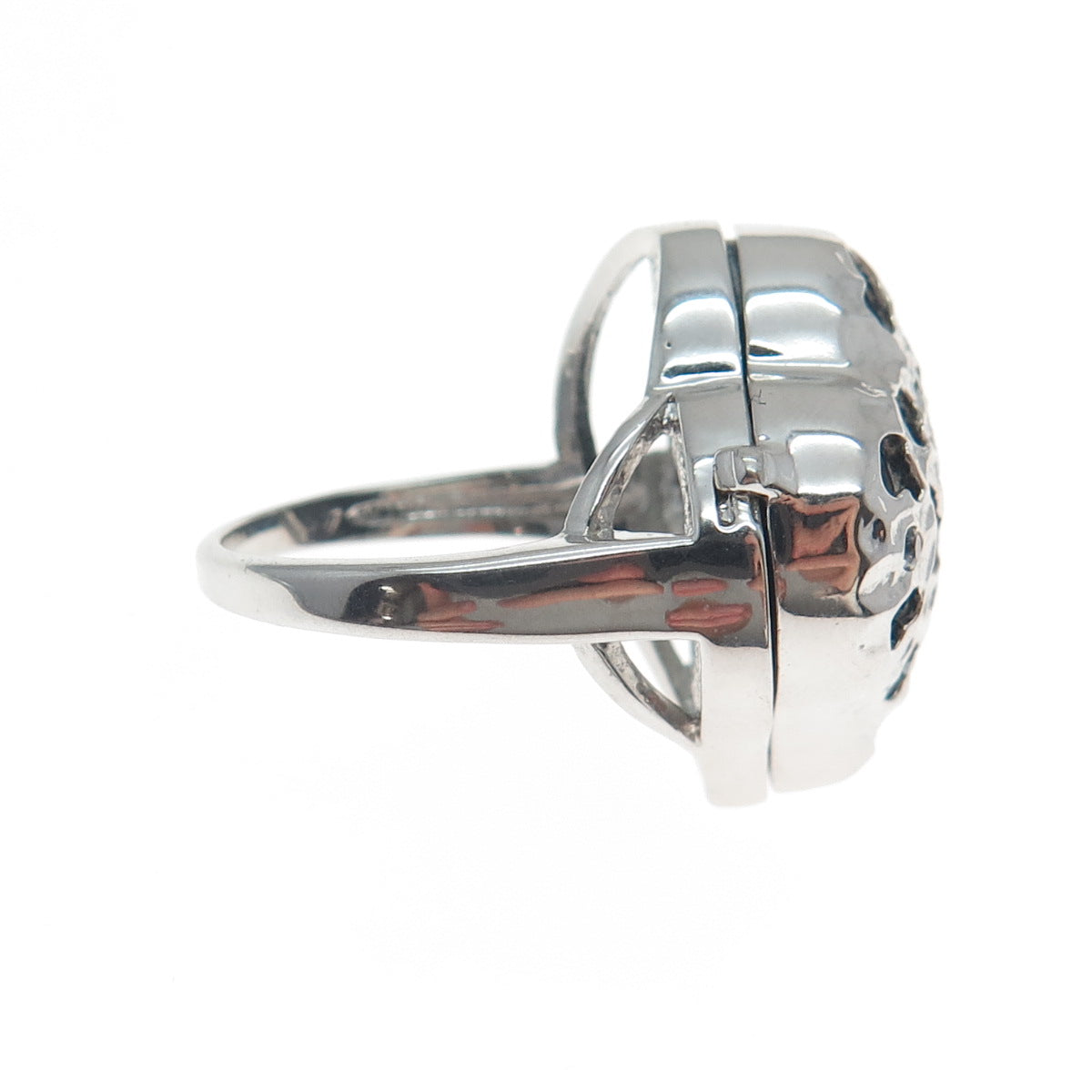 925 Sterling Silver Real Black Onyx Gem & C Z Heart Cutout Locket Ring Size 7