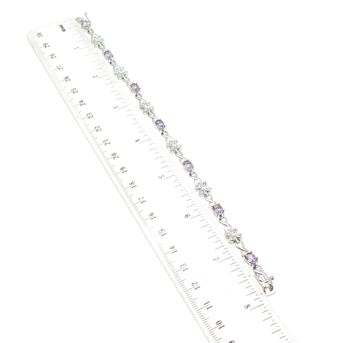 FADI 925 Sterling Silver Real Amethyst & C Z Flower Infinity Link Bracelet 7.5"