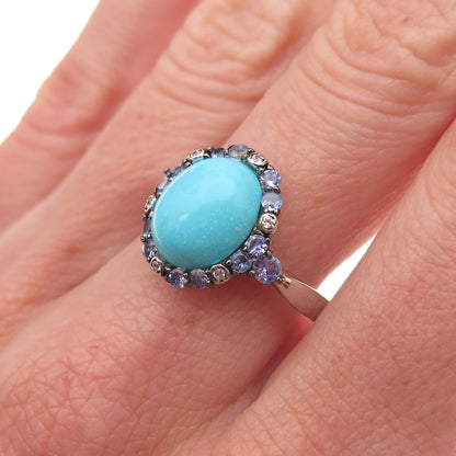 925 Sterling Silver Real Sleeping Beauty Turquoise Tanzanite & Topaz Ring Size 8