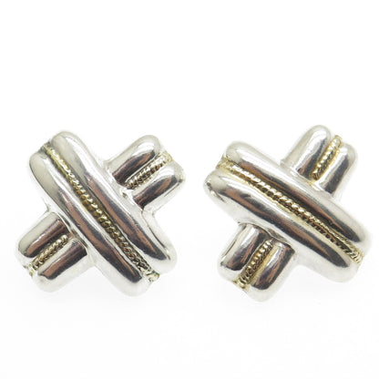 925 Sterling Silver 2-Tone Vintage "X" Modernist Earrings