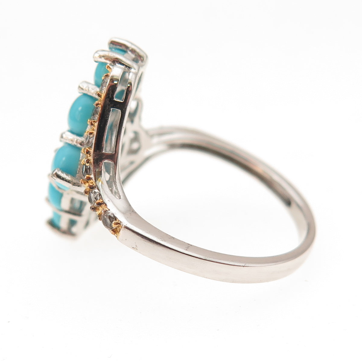 925 Sterling 2-Tone Real Sleeping Beauty Turquoise & White Topaz Ring Size 7.25
