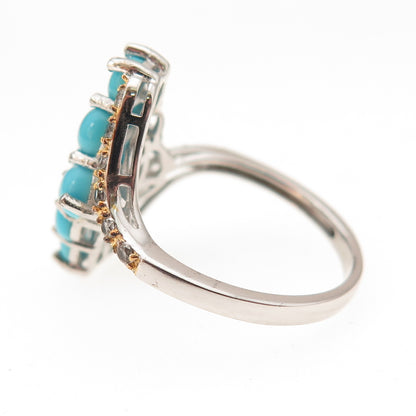 925 Sterling 2-Tone Real Sleeping Beauty Turquoise & White Topaz Ring Size 7.25