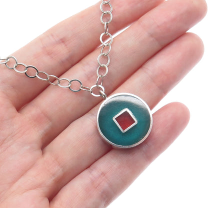 925 Sterling Silver Vintage Enamel Double Sided Pendant Rolo Chain Necklace 18"