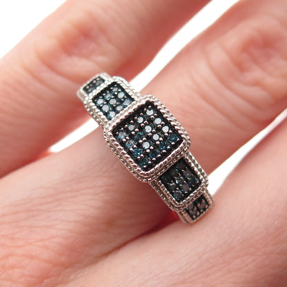 925 Sterling Silver Real Round-Cut Fancy Blue Diamond Ring Size 5.25