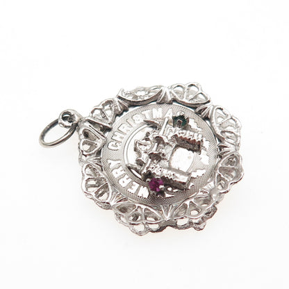 925 Sterling Silver Vintage Rhinestone Fireplace Merry Christmas Charm Pendant