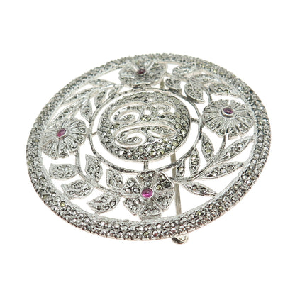 925 Sterling Silver Antique Marcasite & Ruby Gem "EC" Signet Flower Brooch