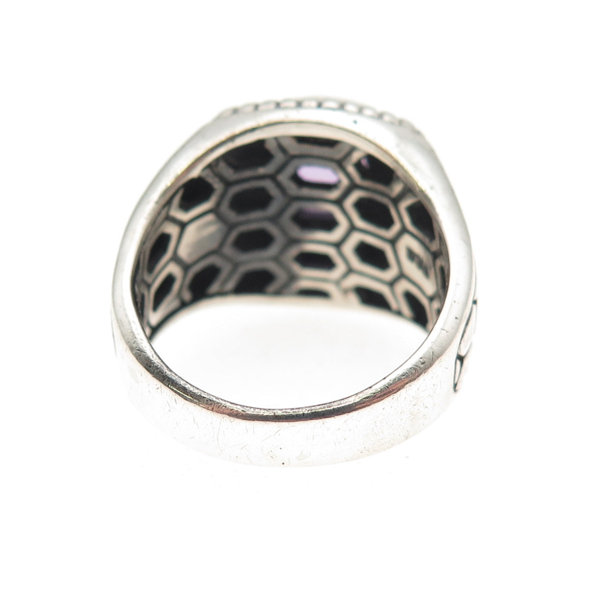 925 Sterling Silver Vintage Real Amethyst Honey Comb Oxidized Ring Size 7.25
