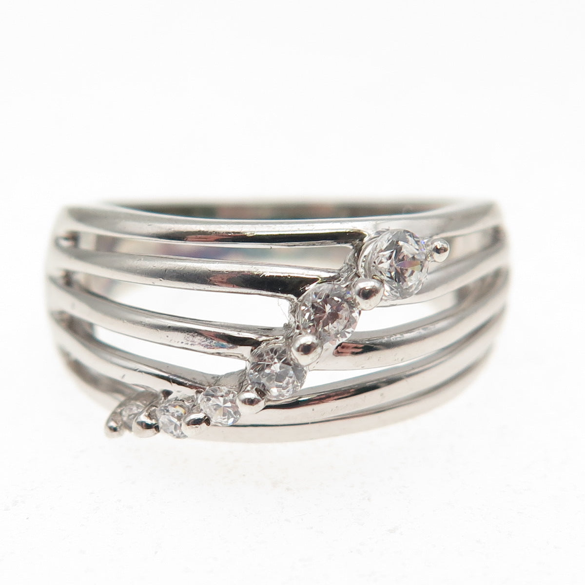 925 Sterling Silver Graduated Round-Cut C Z 5-Row Ring Size 7.25