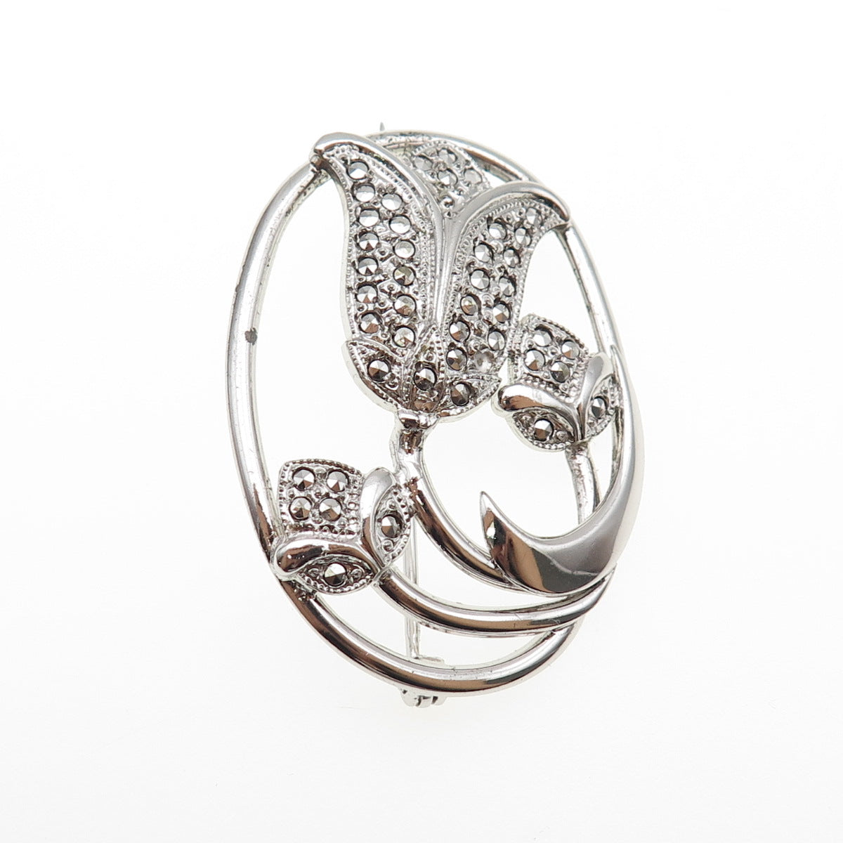 THEDA Sterling Silver Antique Art Deco Real Marcasite Tulip Flower Pin Brooch