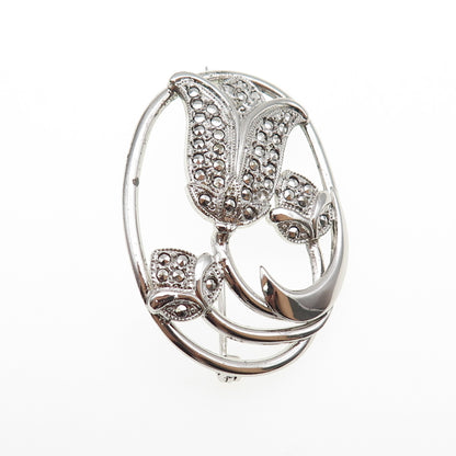 THEDA Sterling Silver Antique Art Deco Real Marcasite Tulip Flower Pin Brooch