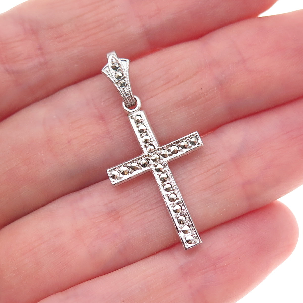 925 Sterling Silver Antique Art Deco Real Marcasite Cross Charm Pendant