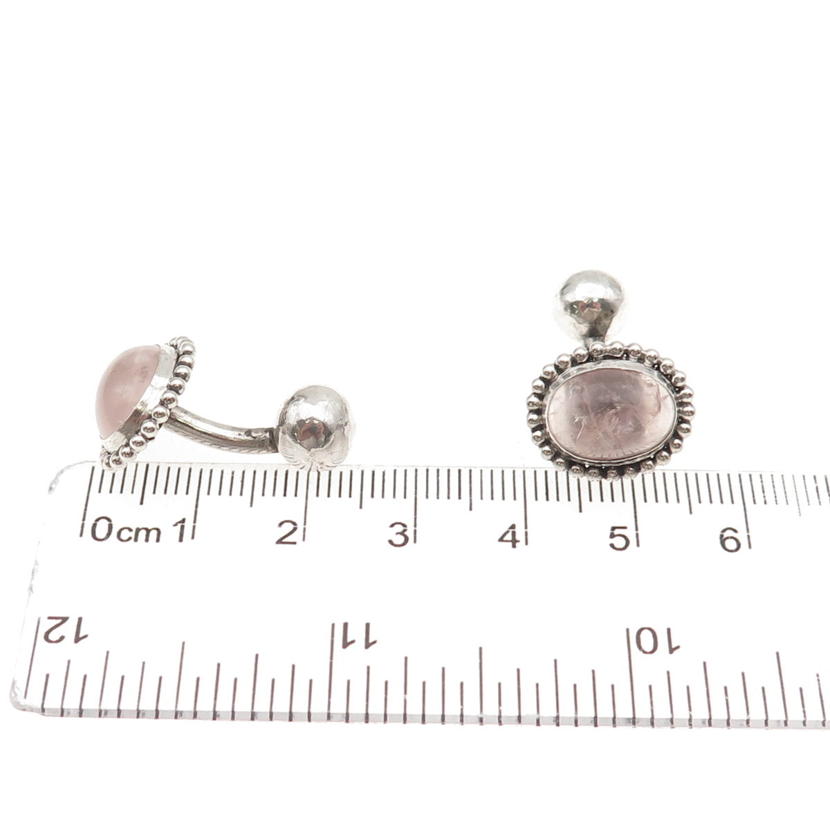 925 Sterling Silver Vintage Real Rose Quartz Beaded Oxidized Cufflinks