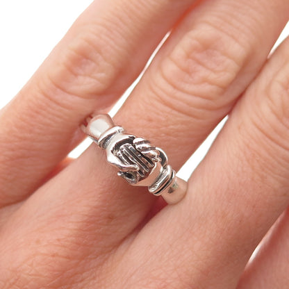 925 Sterling Silver Vintage Mexico Irish Claddagh Oxidized Folding Ring Size 6