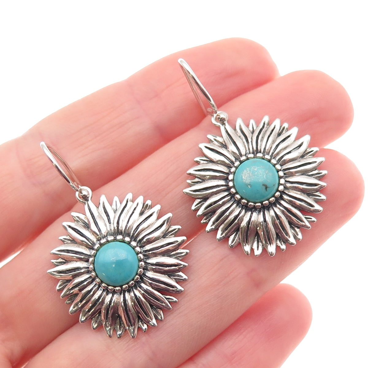 925 Sterling Silver Vintage Real Turquoise Sunflower Dangle Earrings