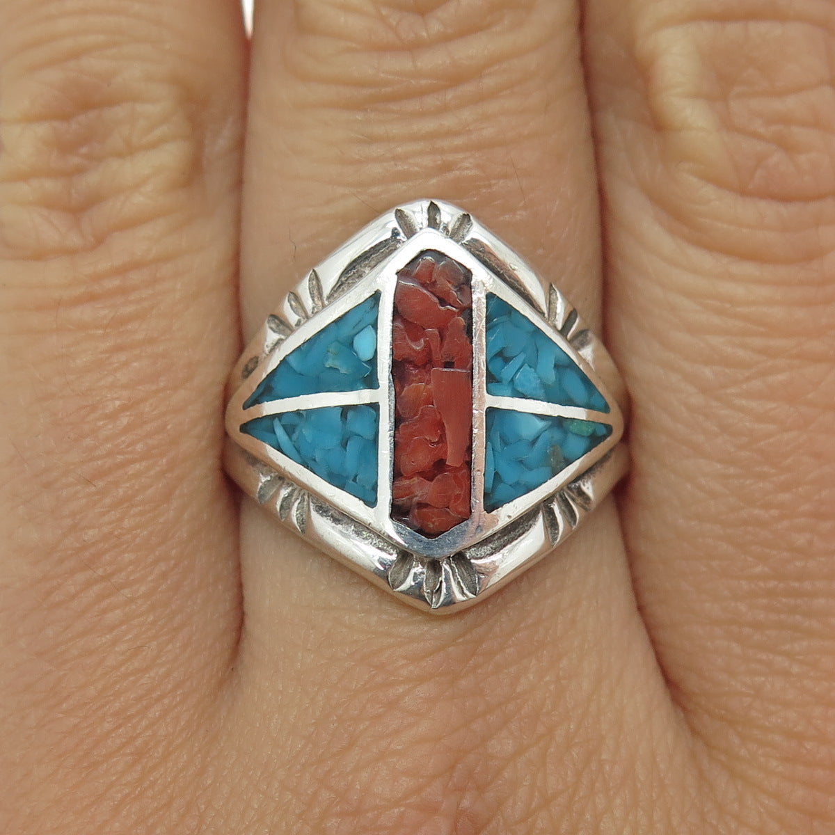 TIA LONG NAVAJO Old Pawn Sterling Silver Turquoise & Coral Inlay Ring Size 8.75