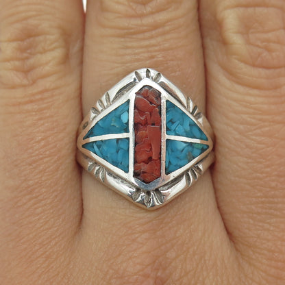 TIA LONG NAVAJO Old Pawn Sterling Silver Turquoise & Coral Inlay Ring Size 8.75