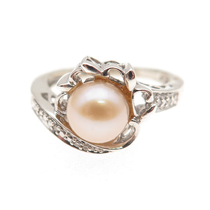 925 Sterling Silver Real Round-Cut Diamond & Pearl Ring Size 6.75