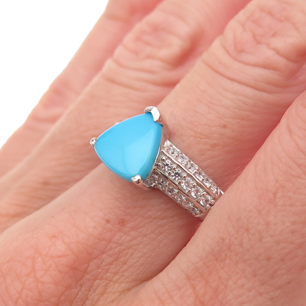 Chuck Clemency 925 Sterling Silver Real Turquoise & White Topaz Ring Size 8.25