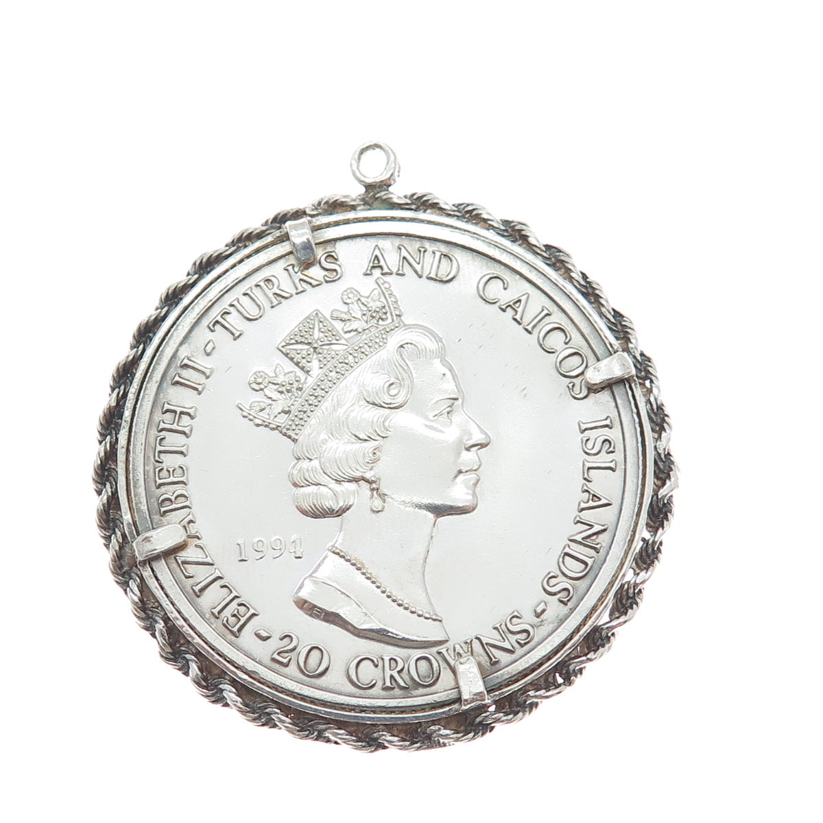 999 Silver Vintage 1994 Turks Caicos Islands 20 Crowns Elizabeth II Coin Pendant