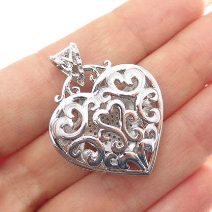 925 Sterling Silver Real Round-Cut Diamond Ornate Heart Charm Pendant